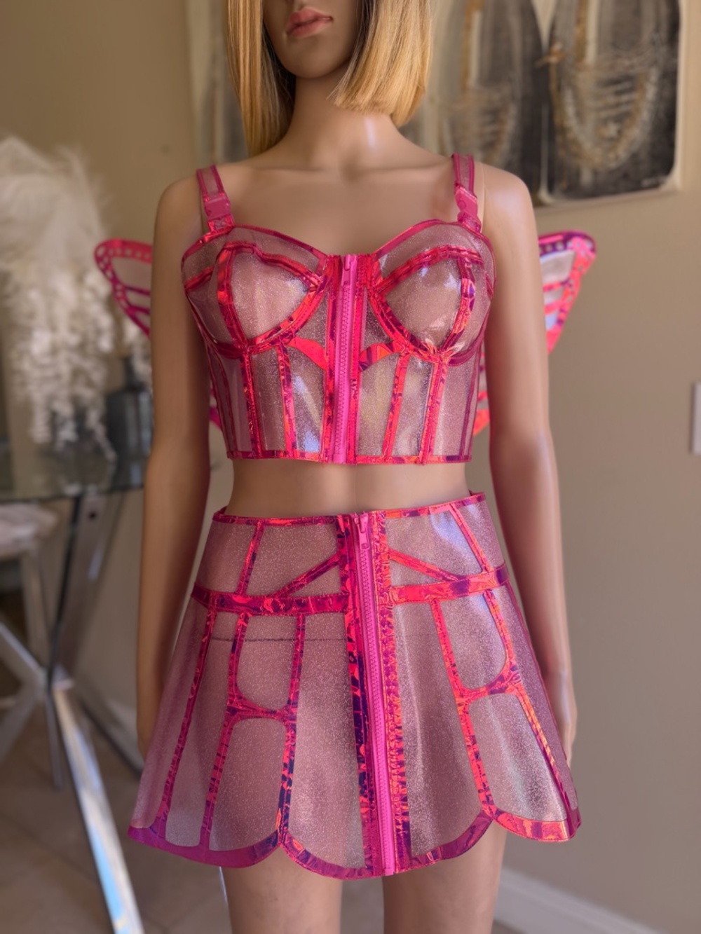 Dolls Kill Pink Iridescent Mesh Corset & Mini Skirt Set - Picture 3 of 13